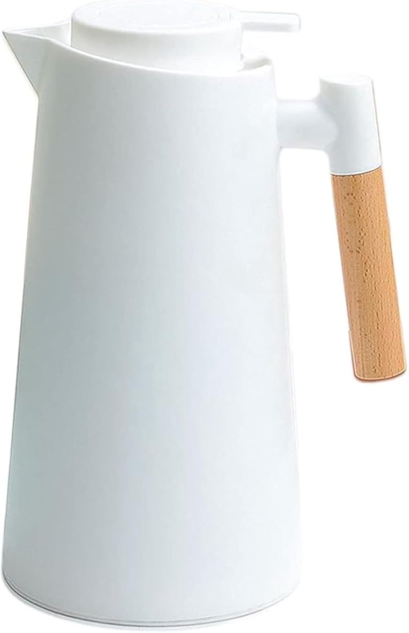 أباريق حرارية من خشب التراث من سوكو سعة 1 لتر للقهوة/الشاي، تحافظ على الحرارة لمدة 24 ساعة، قارورة/إبريق/موزع/غلاية معزولة بتفريغ الهواء مزدوجة للمشروبات الساخنة والباردة بمقبض خشبي LS-057 (أبيض)